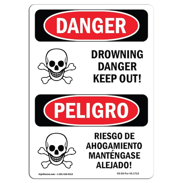 Safety Sign, OSHA Danger, 5" Height, Drowning Danger Keep Out Spanish, 10PK
